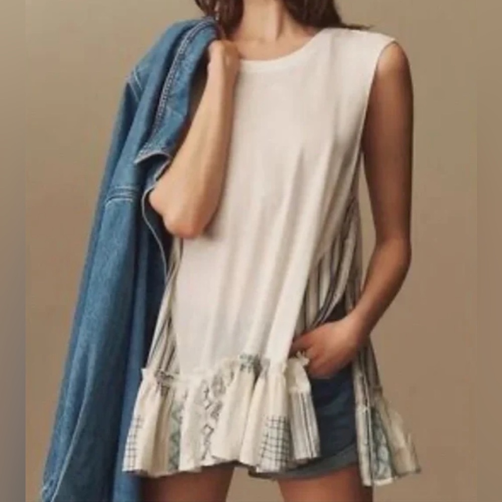 Anthropologie Cream Fringe Hem Sleeveless Tunic